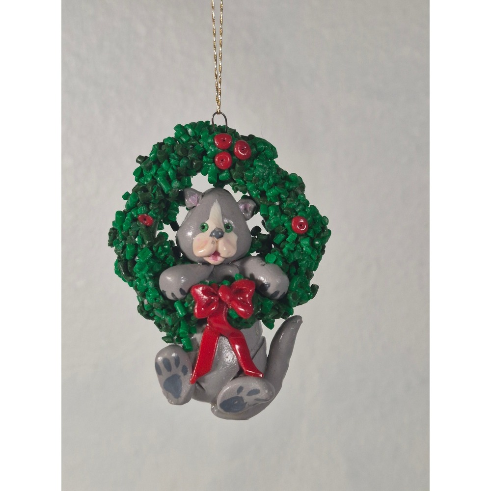 Handmade Polymer Clay Grey Cat In Christmas Wreath Ornament Signed Betsy
